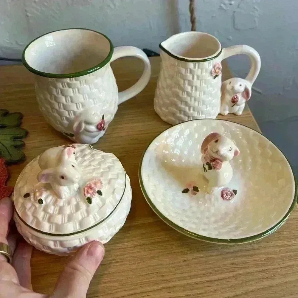 Vintage Avon Easter Bunny Ceramic Milk Pitcher, Sugar Box & Candy Dish Set